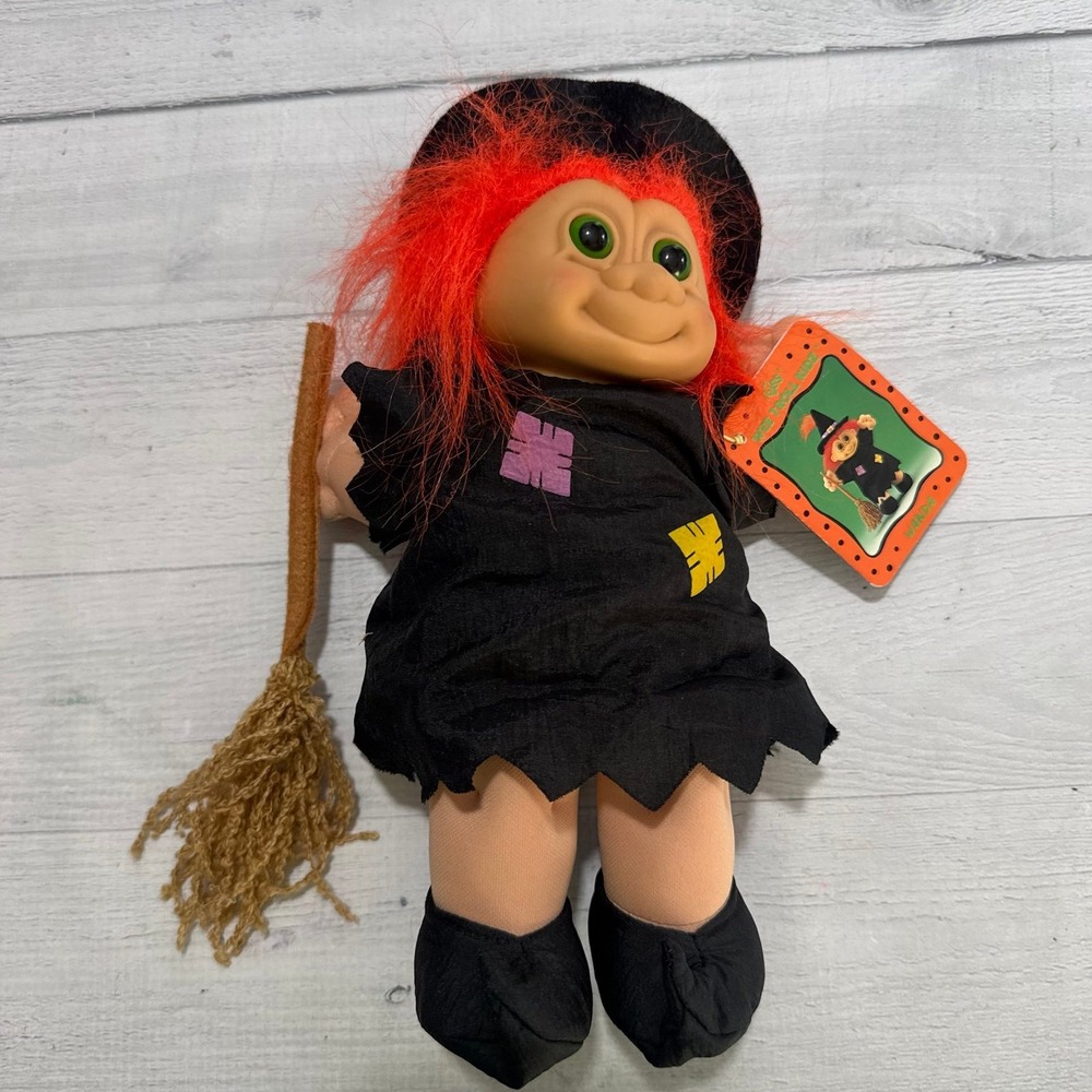 VINTAGE RUSS TROLL DOLL Halloween Witch Broom & Cape ORANGE HAIR 90's with tag